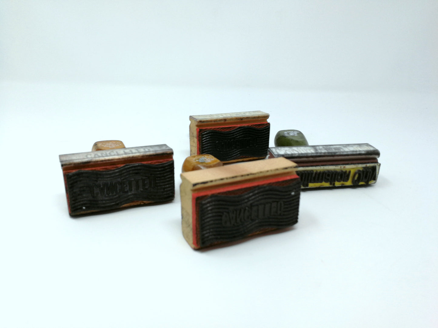 Vintage Wood Handled Office Stamps | 4 Rubber Stamps | Industrial Office Supply