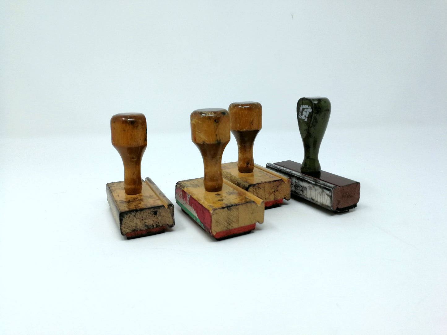 Vintage Wood Handled Office Stamps | 4 Rubber Stamps | Industrial Office Supply