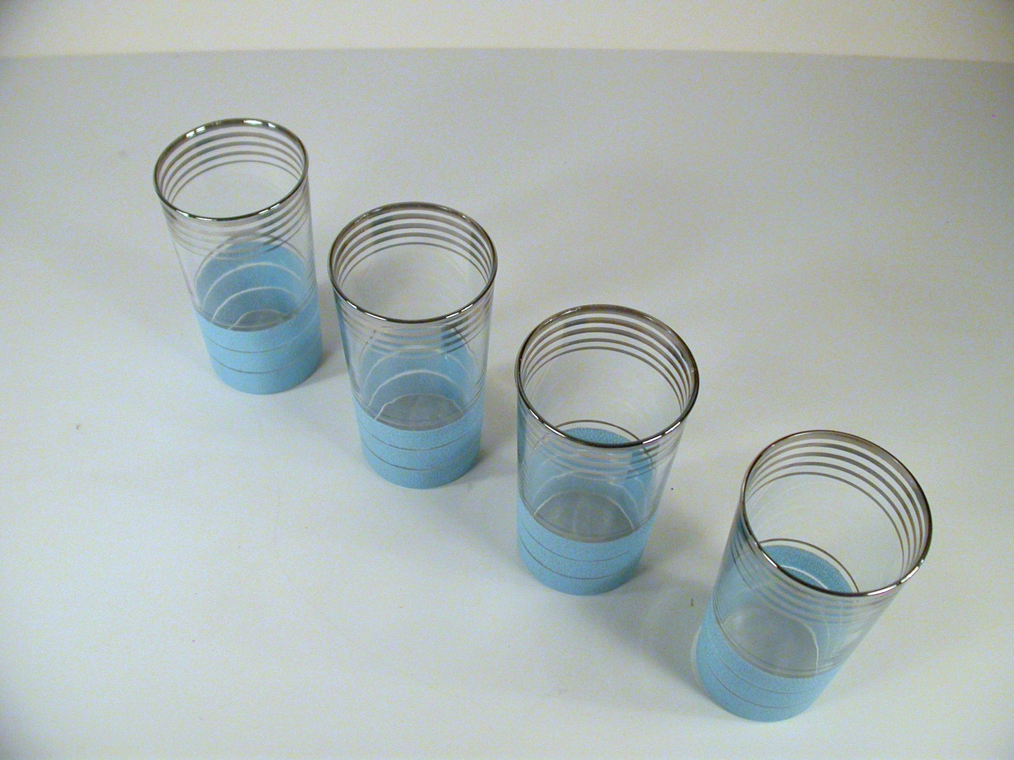 Set of 4 Art Deco Drinking Glasses, Barware Glasses, Blue Base, Silver Highlights