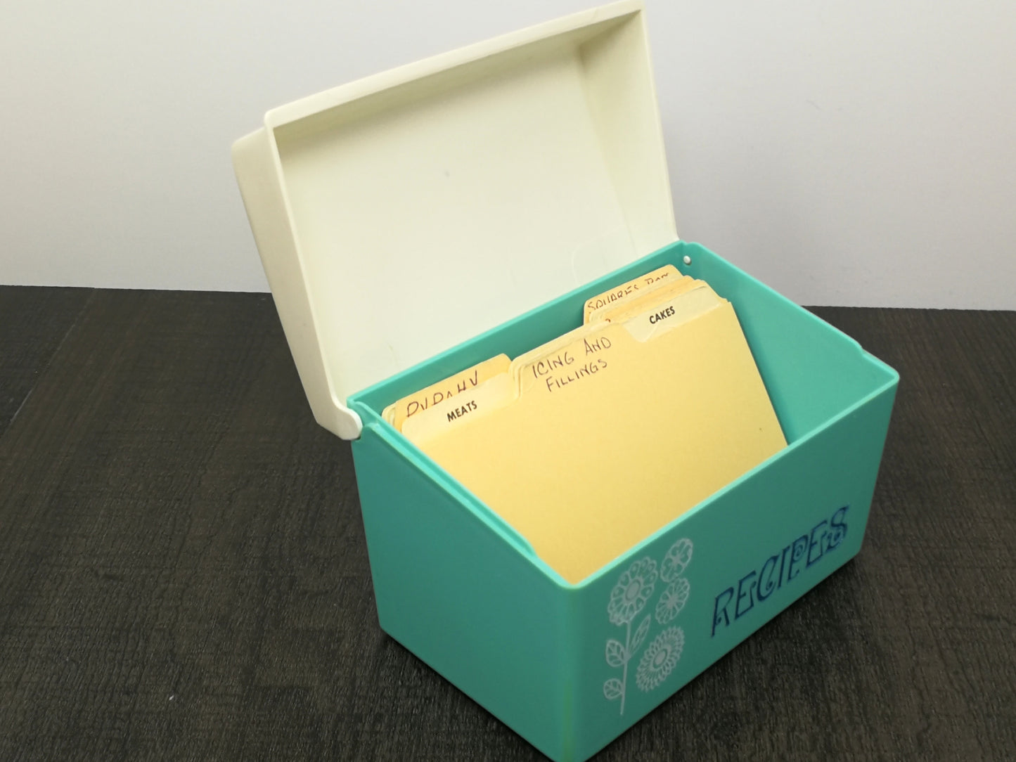 Mid Mod Turquoise Rigid Plastic Recipe Box | Crazy Daisy Flower Design | Vintage Aquamarine Kitchen Recipe Storage Box
