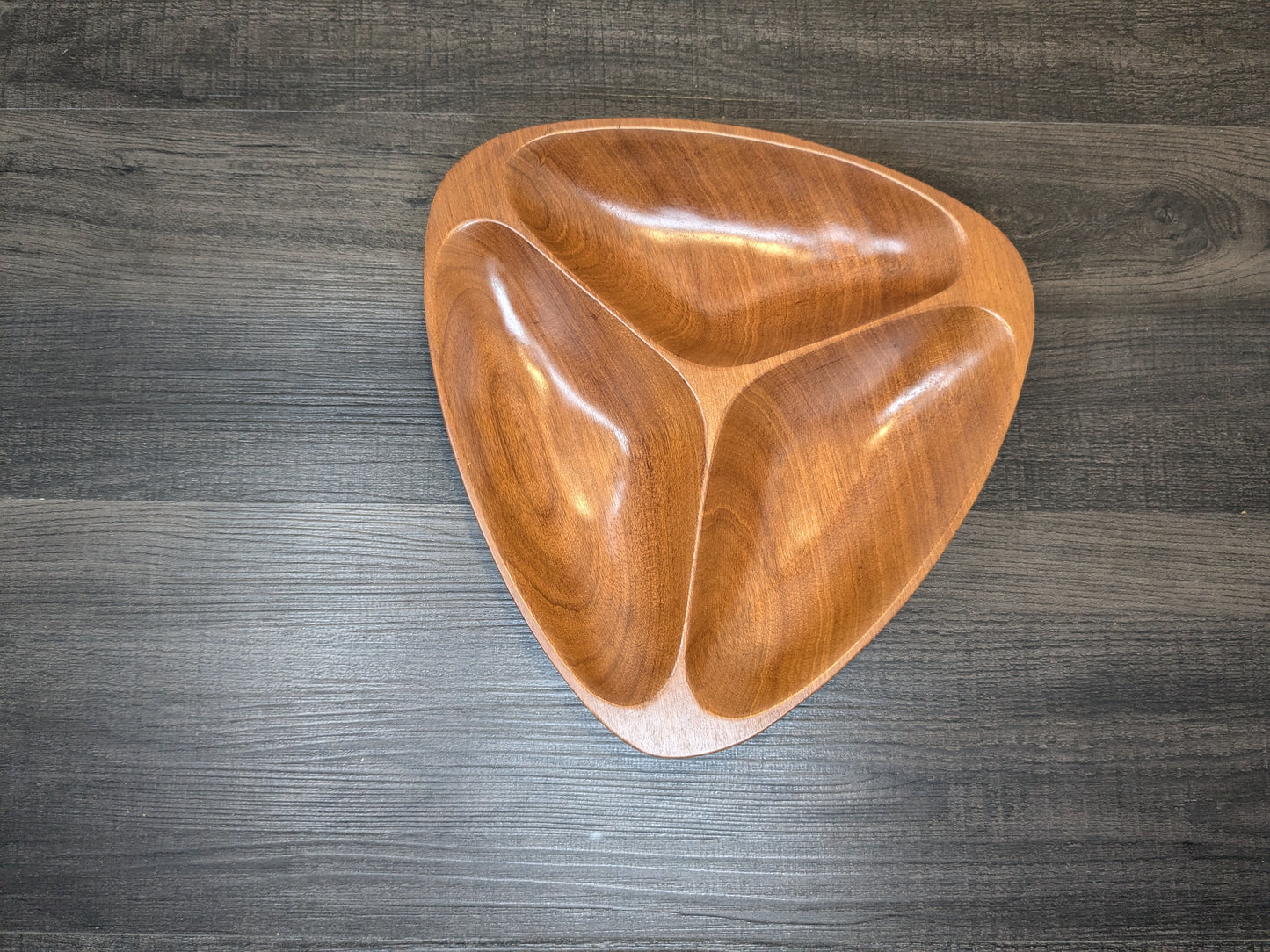 Triangular Wood Tray | Mid Century Tri Footed Divided Bowl | Brass Feet