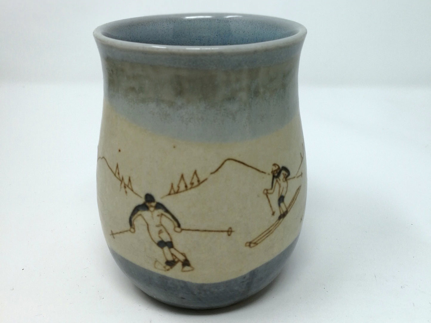 Vintage Ski Themed Mug | Downhill Skiers Graphics | Otagari Hand Painted Stoneware Pottery Mug
