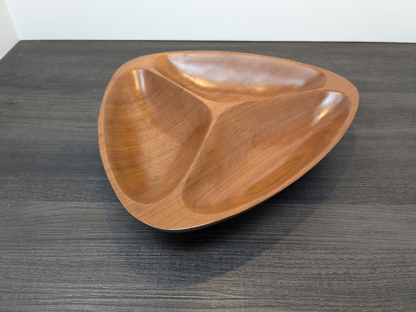 Triangular Wood Tray | Mid Century Tri Footed Divided Bowl | Brass Feet