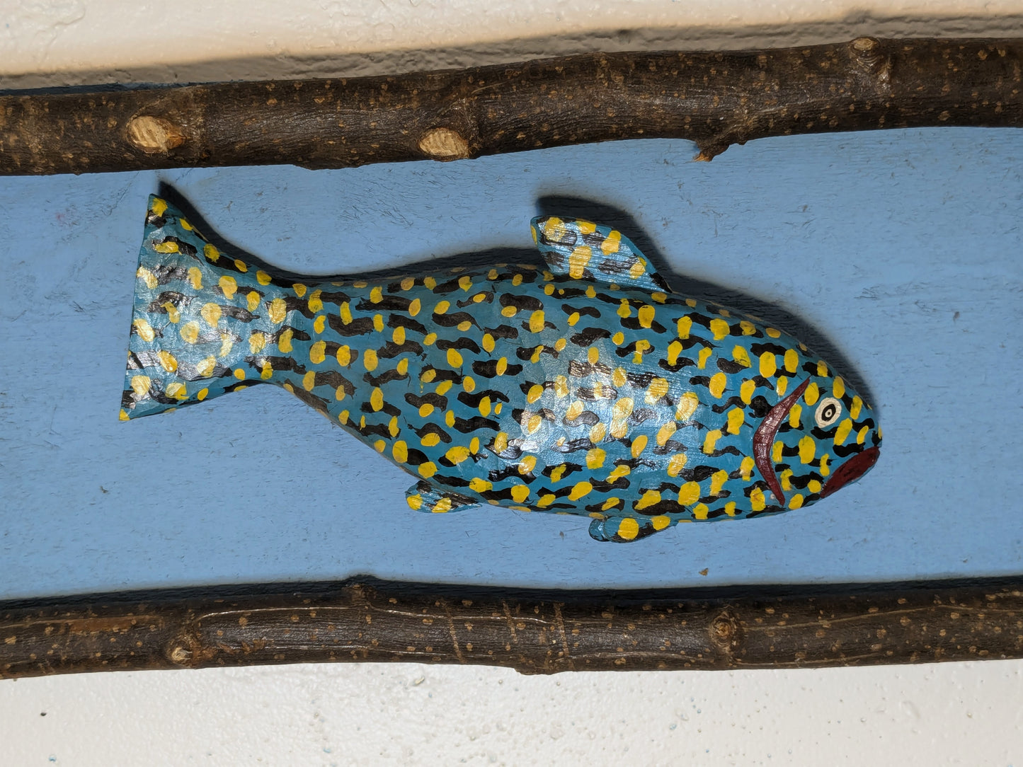 Graphic Folk Art Painted Wood Fish | Carved Wood Fish Wall Hanging
