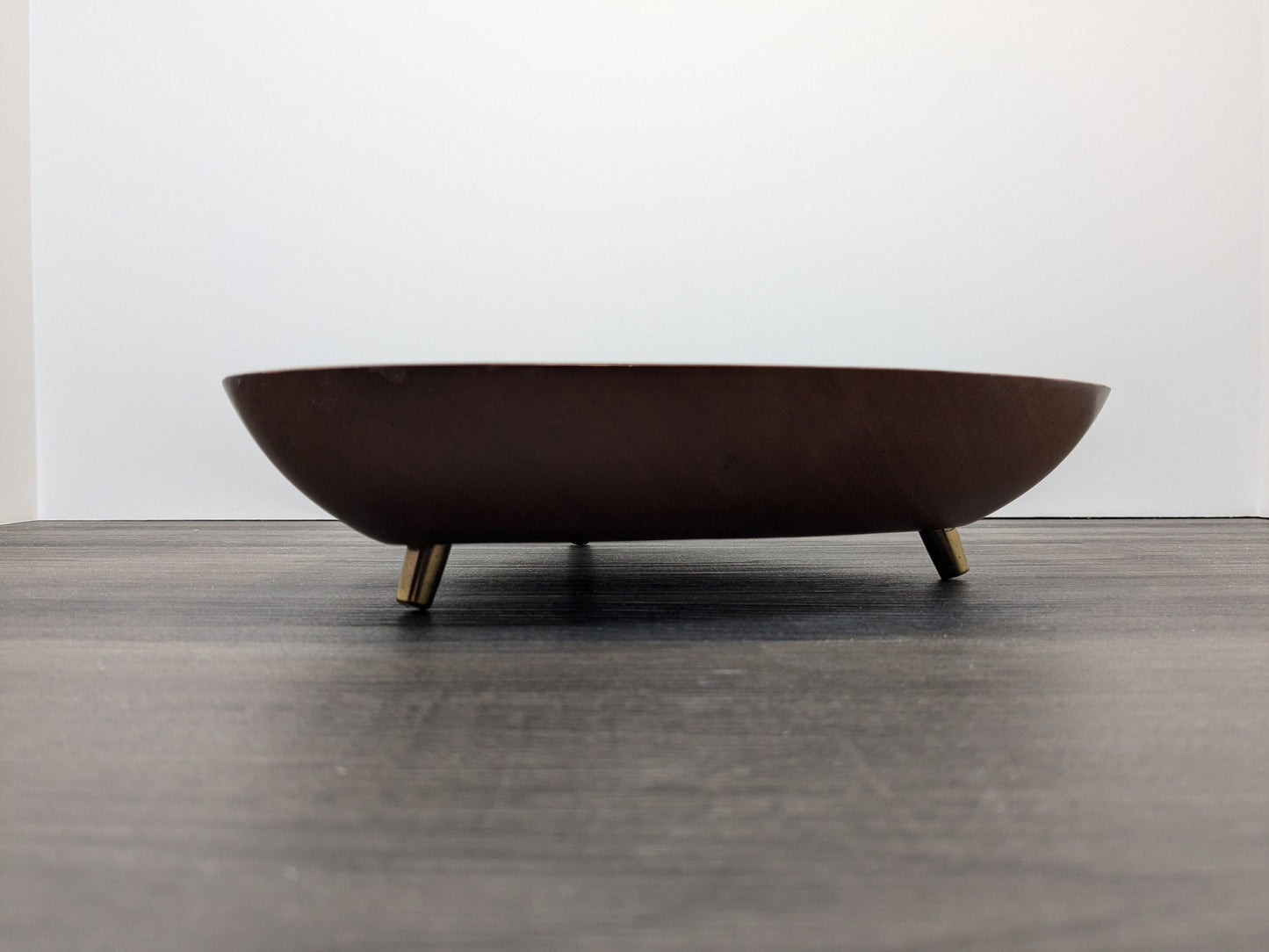 Triangular Wood Tray | Mid Century Tri Footed Divided Bowl | Brass Feet