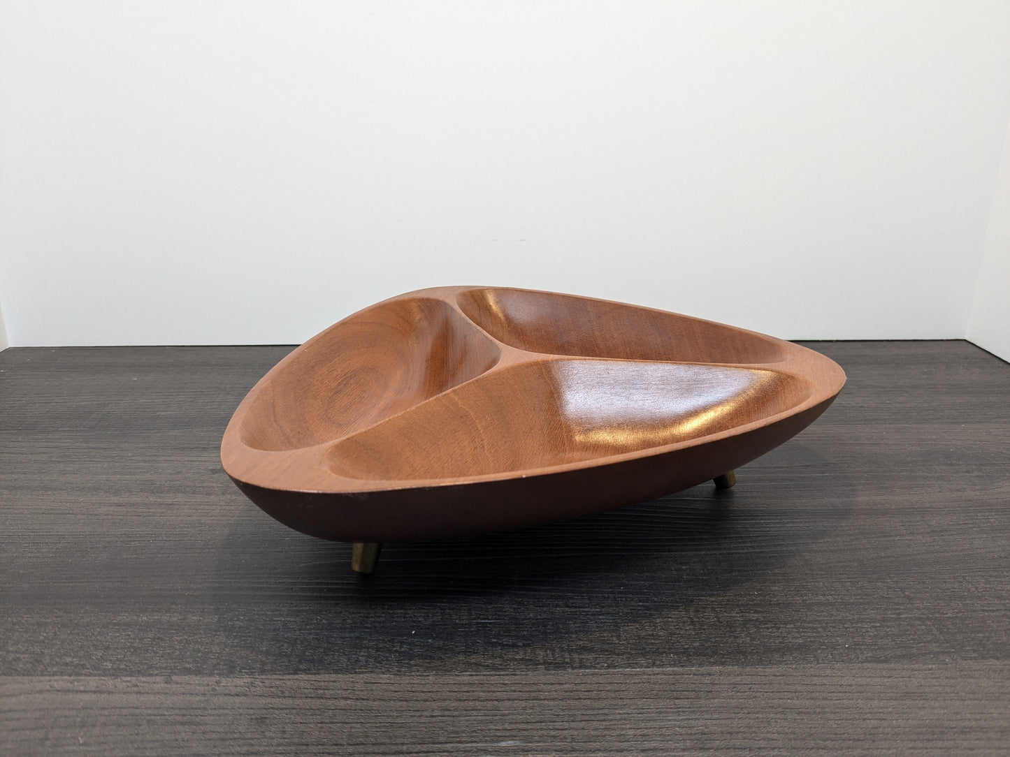 Triangular Wood Tray | Mid Century Tri Footed Divided Bowl | Brass Feet