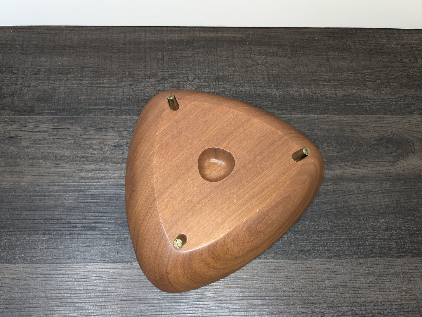 Triangular Wood Tray | Mid Century Tri Footed Divided Bowl | Brass Feet