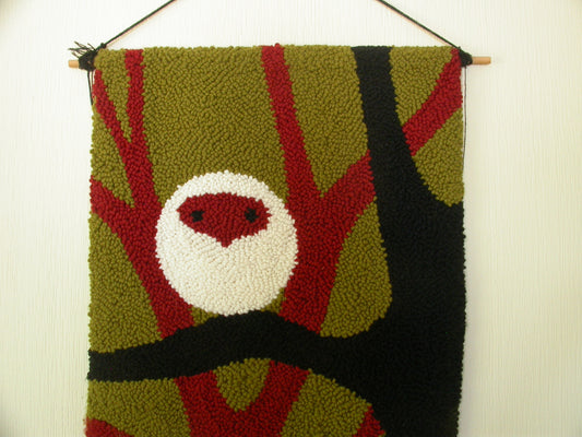 Wool Hook and Loop Mid Century Abstract Owl Wall Tapestry, Vintage Modernist Wool