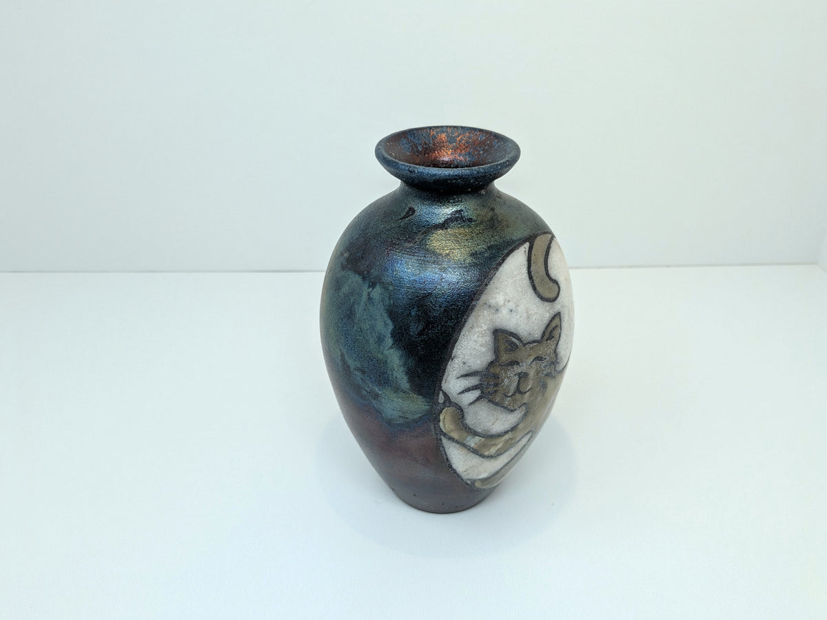 Braemar Raku Vase Cat Design | Kevin Wright Studio Pottery