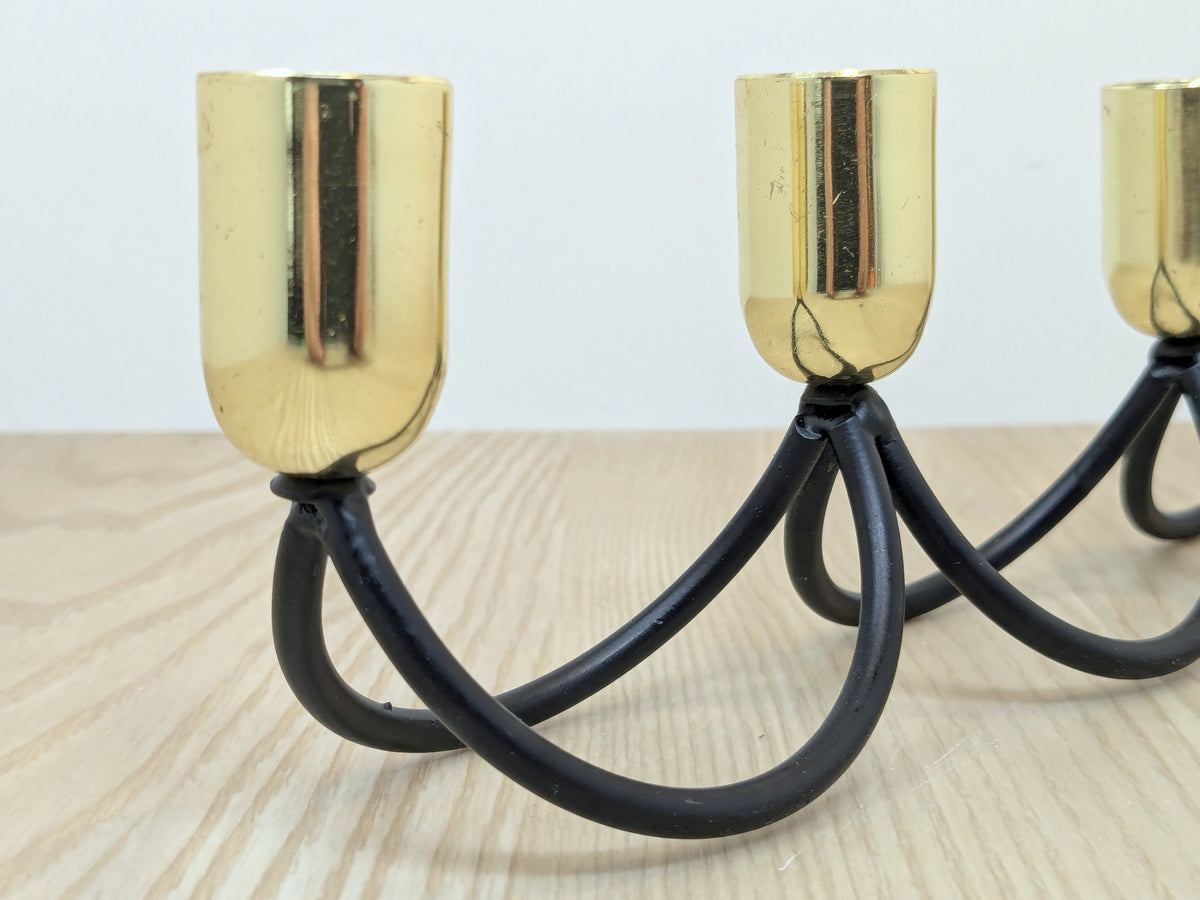 Metal Candle Stick Holder with 4 Capitals | Black Iron and Polished Brass Candle Stand