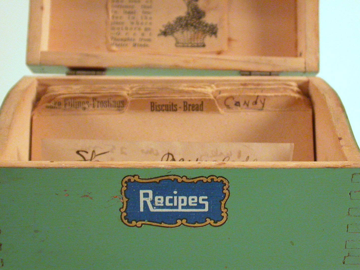 Vintage Wood Recipes Box | Green Recipes Box with Index Cards