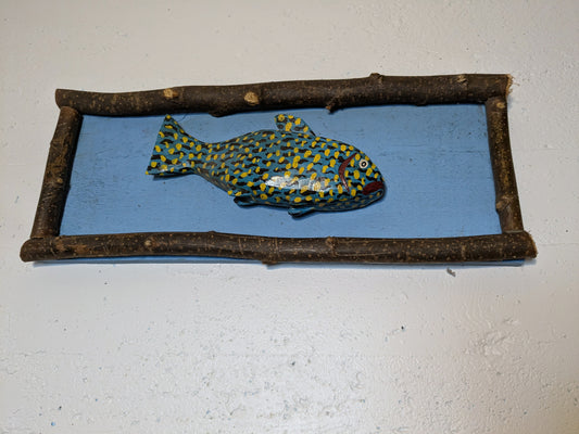 Graphic Folk Art Painted Wood Fish | Carved Wood Fish Wall Hanging