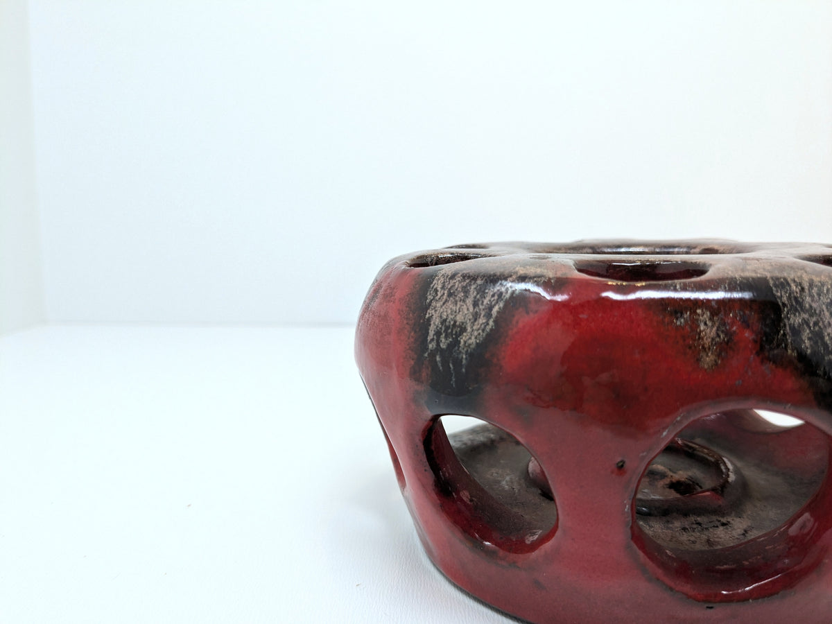 1968 Signed Stoneware Luminary with Red & Black Fat Lava-Style Glaze