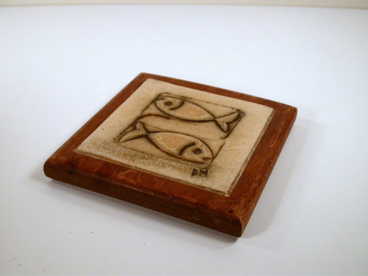 Vintage Trivet with Studio Pottery Tile Inlay with Teak Frame