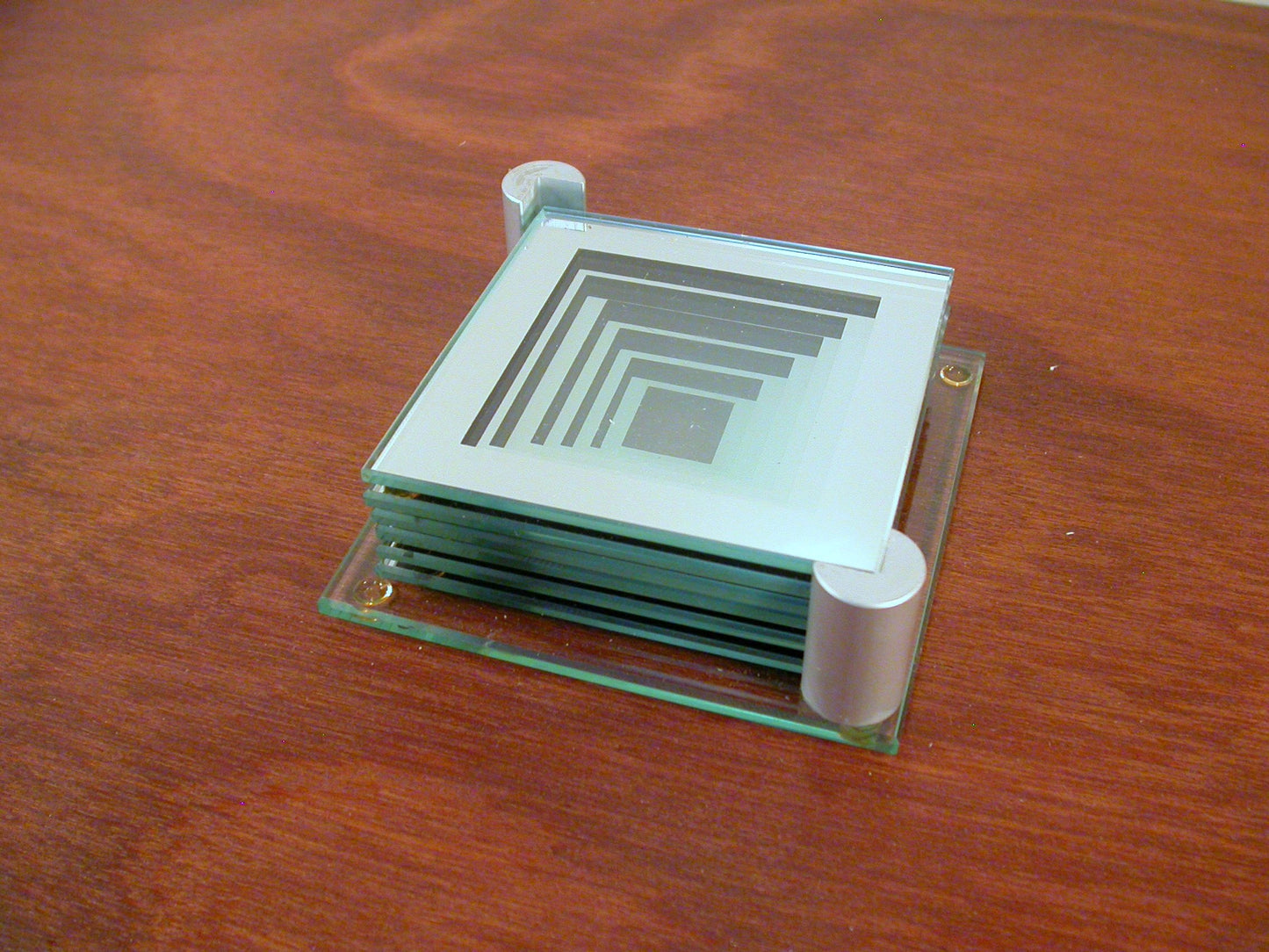 Glass Coasters,Square, Post Modern Glass Coasters, Geometric Mirror Pattern, Set of 6 Coasters 1980's, Post Modern Design