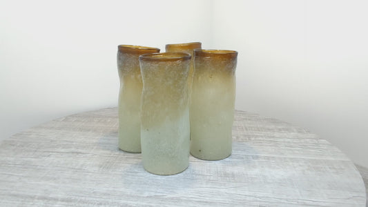Vintage Sea Foam Dimple Pinched Hand Blown Tumblers | Set of 4 MCM Amorphous Mexican Glassware SET2