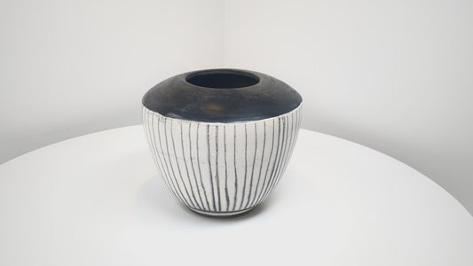 Naked Raku Vase | White Body with Black Stripes | Unmarked Jan Lovewell