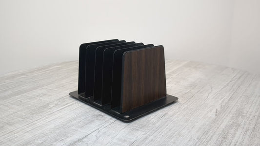 Compact Vintage Vertical Metal File Folder Organizer | Faux Wood Metal Paper Sorter | 5 Slots