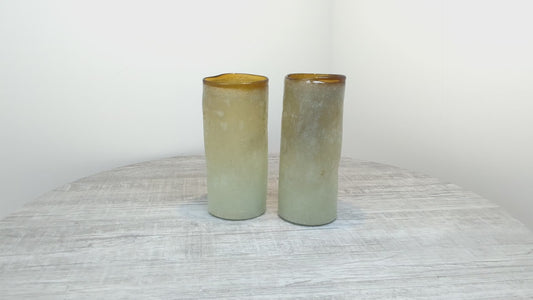 Pair of Vintage Sea Foam Dimple Pinched Hand Blown Tumblers | Set of 2 MCM Amorphous Mexican Glassware