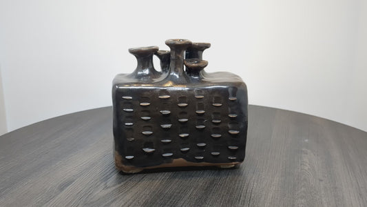 Brutalist Multi Neck Vase | 1970's Brown Glazed Terracota Vase | 4 Flue Openings