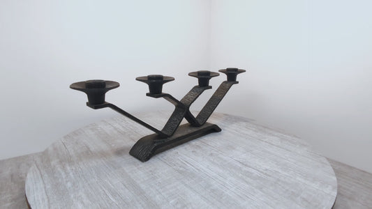 Wrought Iron Brutalist Candelabra | Mid Century Steel Candle Stand