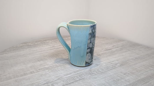 Blue Drip Glaze Pottery Mug with Abstract Pebble Design