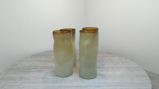 Vintage Sea Foam Dimple Pinched Hand Blown Tumblers | Set of 4 MCM Amorphous Mexican Glassware SET1