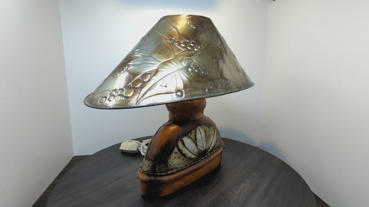 Leather and Tin Covered Ceramic Lamp | 1980 Vintage Lighting | Modernist Arts & Crafts Table Lamp| Hobbit Lamp