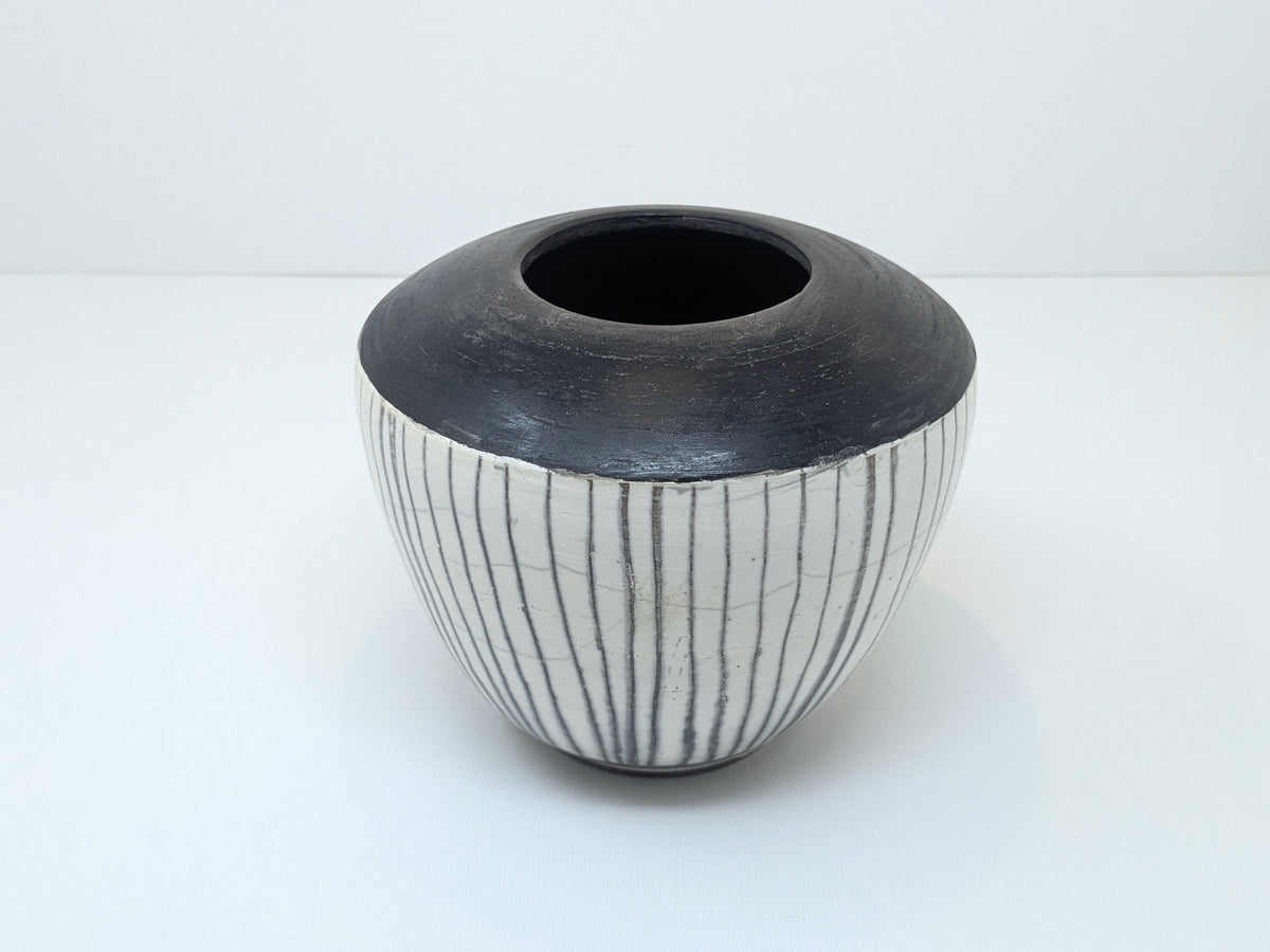 Naked Raku Vase | White Body with Black Stripes | Unmarked Jan Lovewell