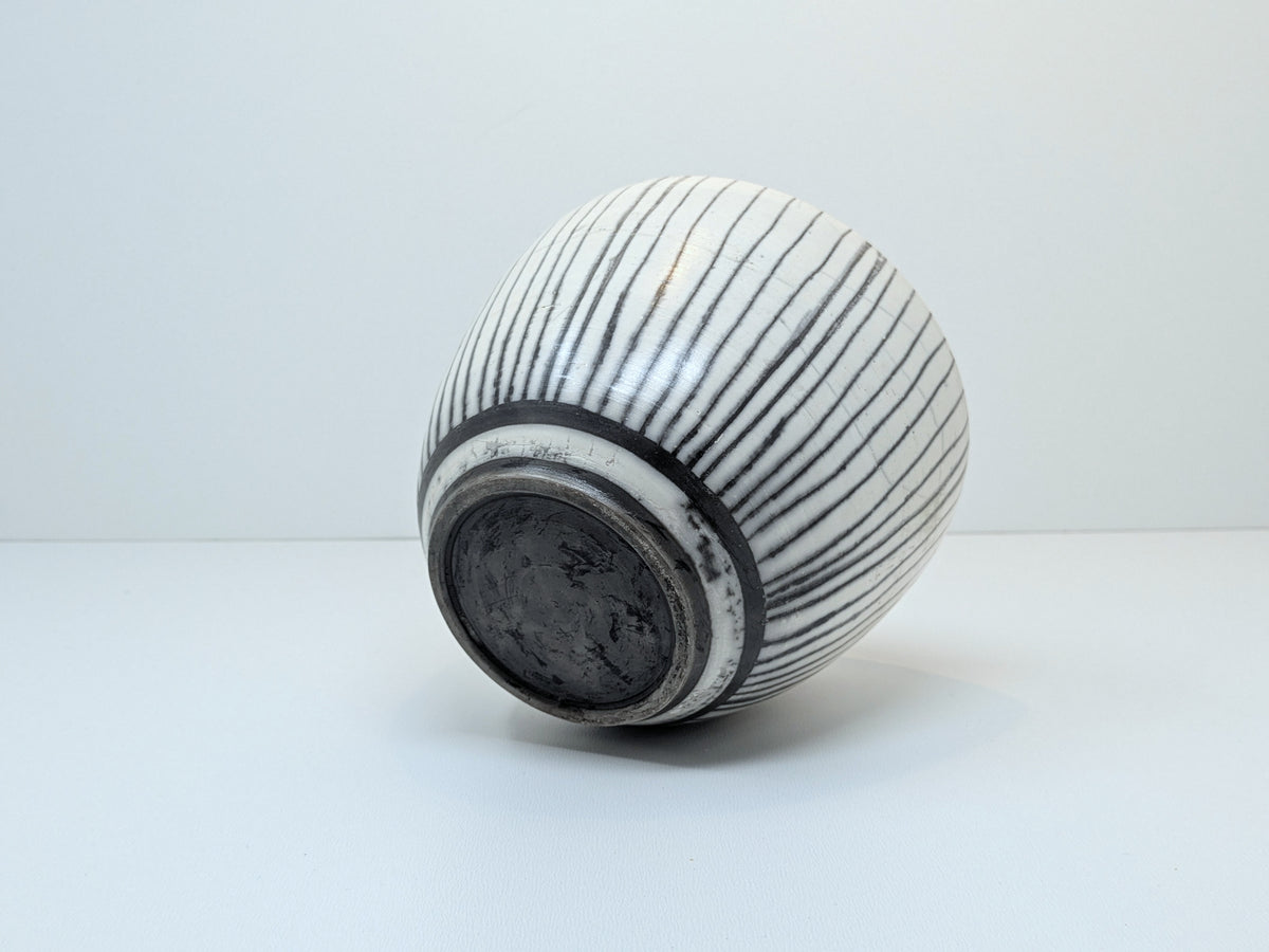 Naked Raku Vase | White Body with Black Stripes | Unmarked Jan Lovewell