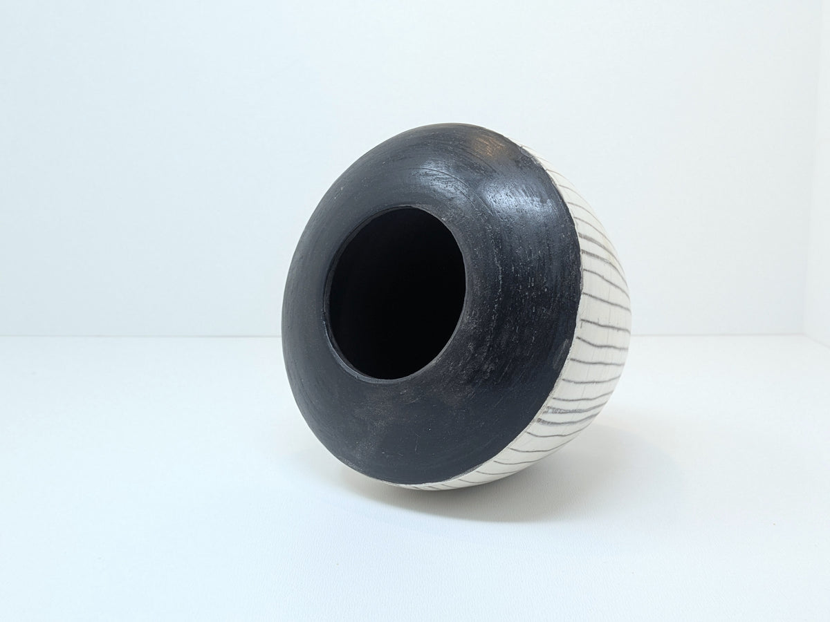 Naked Raku Vase | White Body with Black Stripes | Unmarked Jan Lovewell