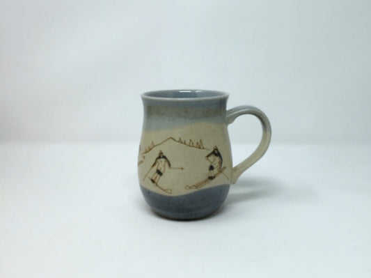 Vintage Ski Themed Mug | Downhill Skiers Graphics | Otagari Hand Painted Stoneware Pottery Mug