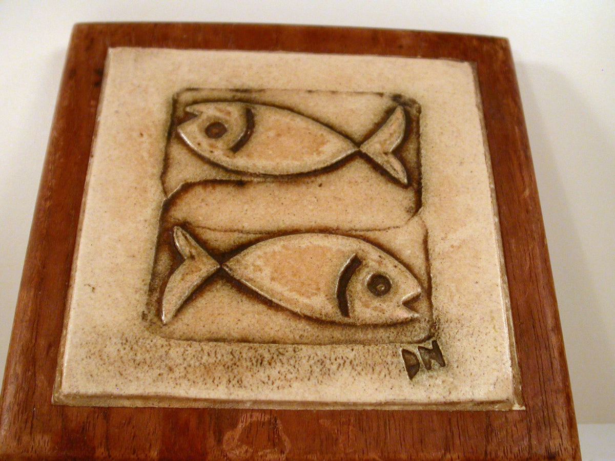 Vintage Trivet with Studio Pottery Tile Inlay with Teak Frame