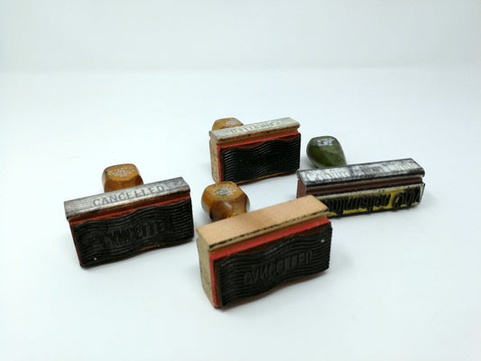 Vintage Wood Handled Office Stamps | 4 Rubber Stamps | Industrial Office Supply